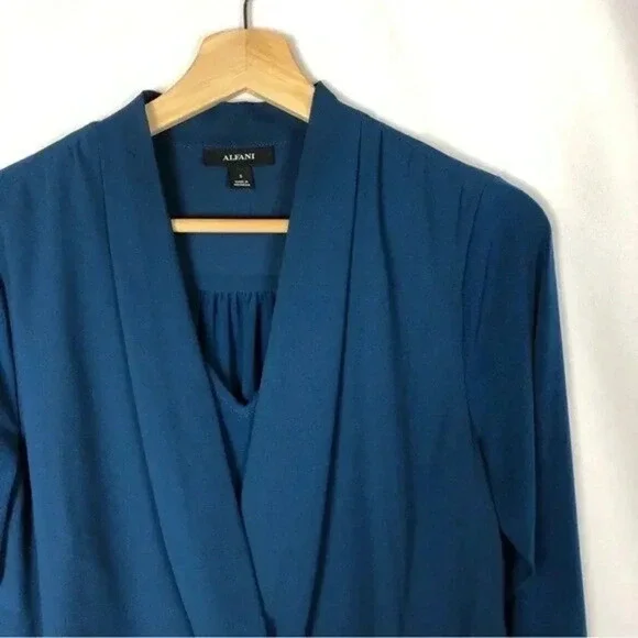 Alfani Alf Teal Blue Surplice Wrap Long Sleeve Blouse S - Picture 4 of 5
